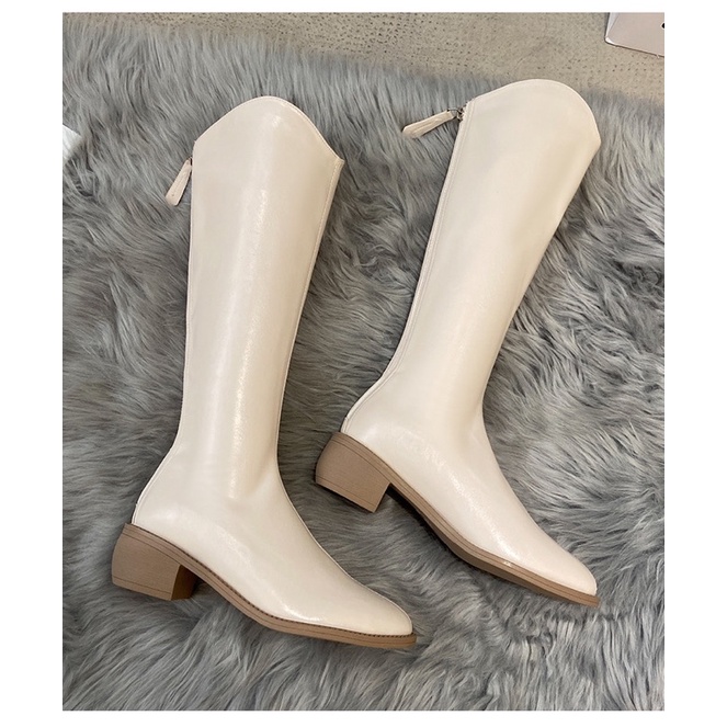 Boots đùi cao cổ Da mềm Bốt khóa sau -Boot mũi nhọn đế vuông 4,5 cm thời trang mùa đông