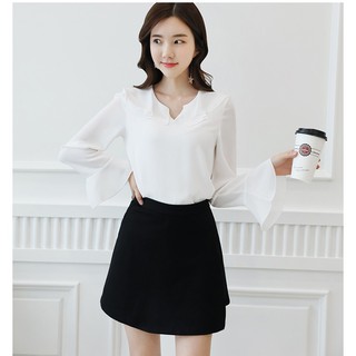 ÁO SƠ MI  TRẮNG TAY DÀI LOE CỔ V - MÃ SSL1212