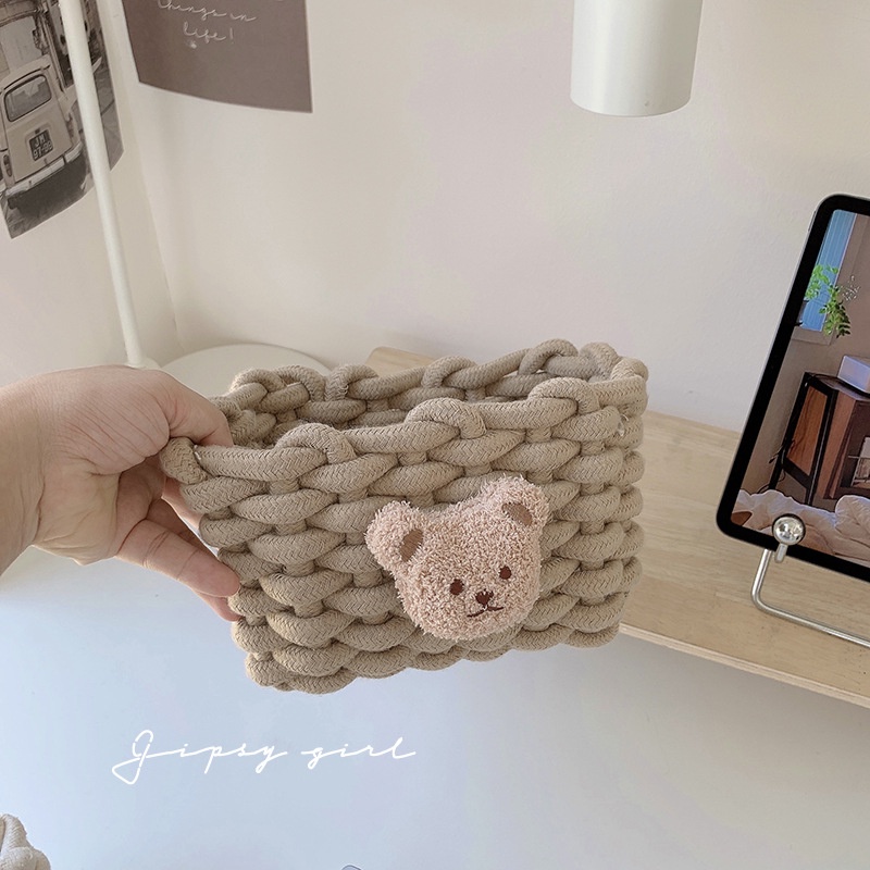 Giỏ Đựng Đồ Ăn Vặt / Đồ Dùng Bằng Cotton Lanh Dệt Tay Hình Gấu Dễ Thương Tiện Dụng