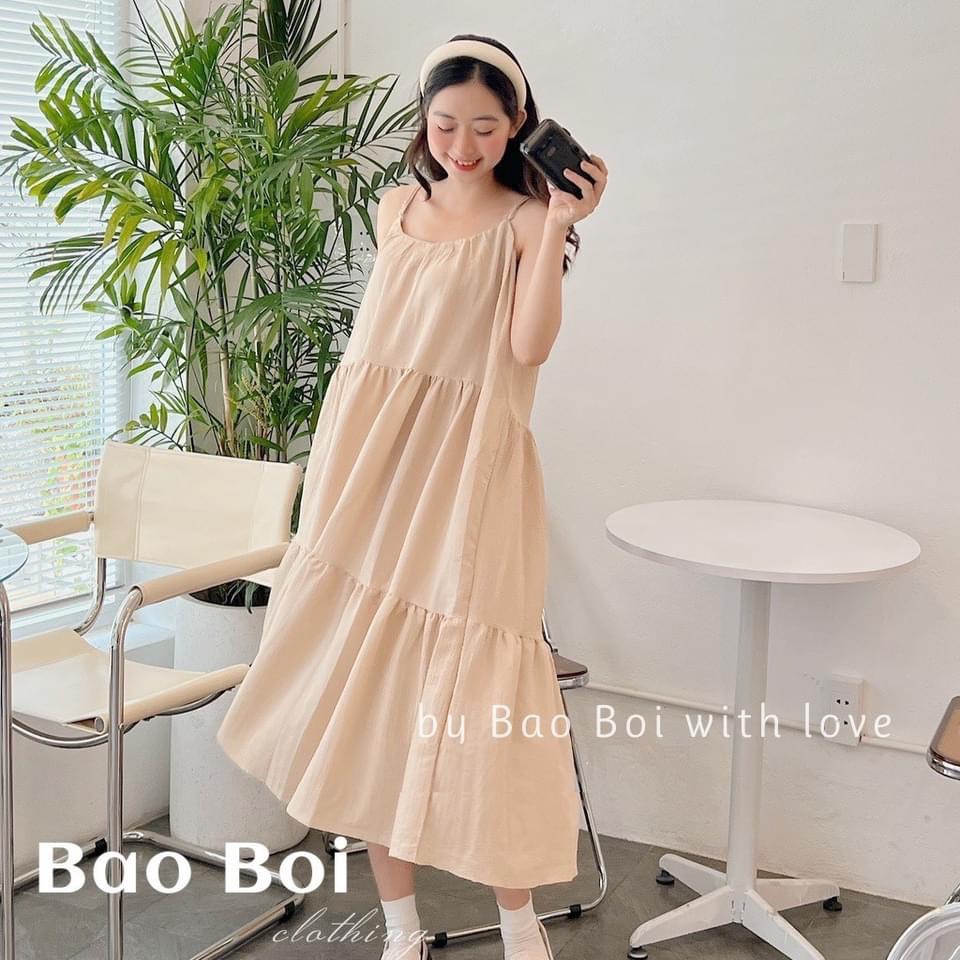 Váy maxi 2 dây 3 tầng đi biển - Đầm maxi babydoll 3 tầng dáng xuông vải đũi mềm mát rộng dài chuẩn mẫu