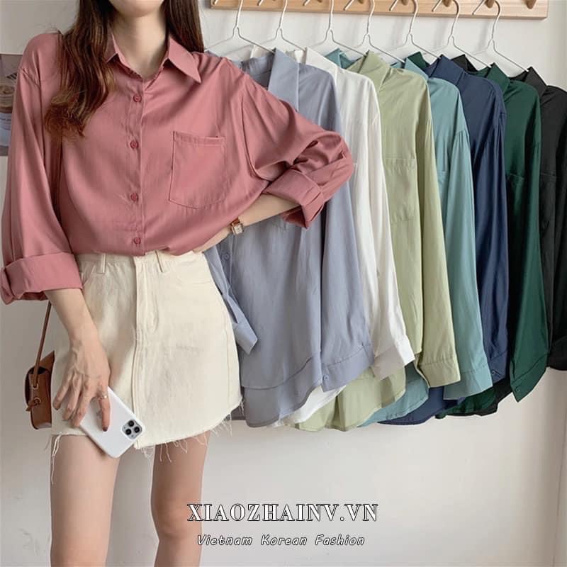 Áo sơ mi trơn dài tay unisex from rộng phong cách hàn quốc về nhiều màu xanh lá, hồng, trắng, đen.. kiểu dáng năng động