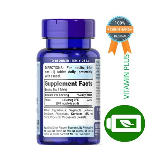 Viên uống ngăn ngừa thiếu máu Puritan's Pride Folic Acid 800mcg 250 viên