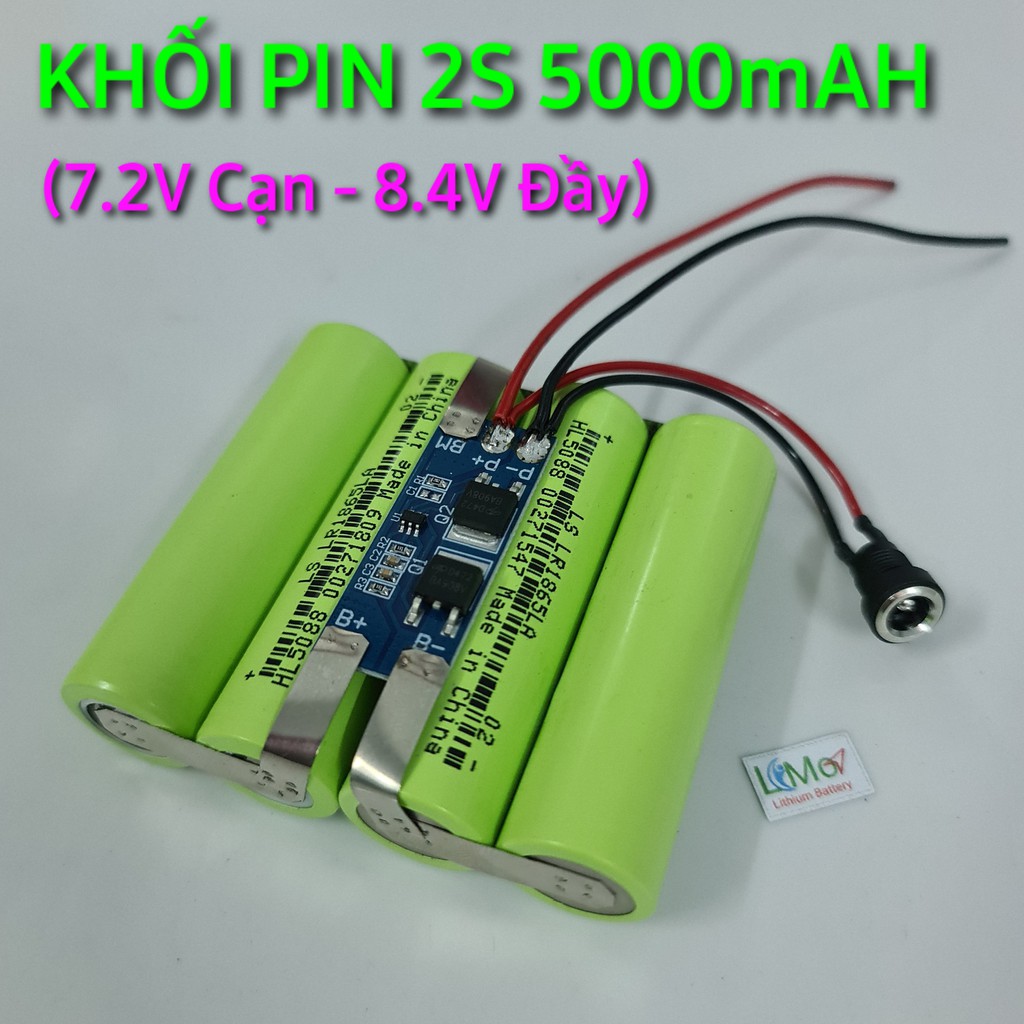 Pin 2S 7.4V 5000mAH - 20A. (7.2V Cạn - 8.4V Đầy). Đóng từ 4 cell pin Lithium 18650 Mới và có mạch bảo vệ 2S - LIMO