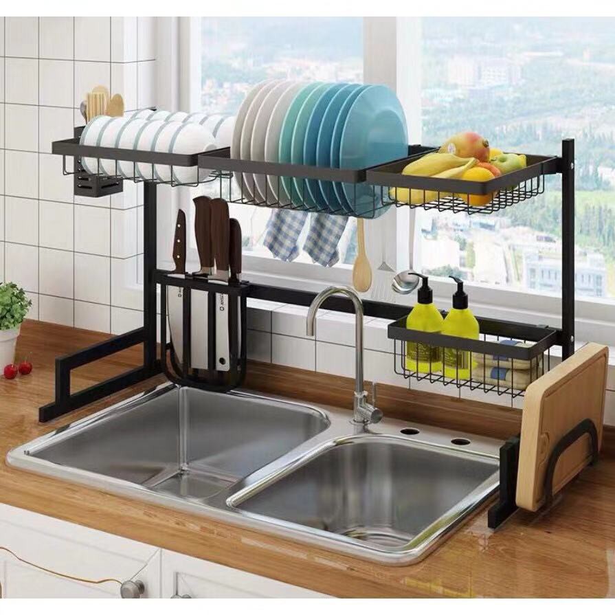 Kệ úp bát đĩa,giá treo dao thớt,để hoa quả và các dụng cụ nhà bếp có móc treo inox cao cấp sơn tĩnh điện đen