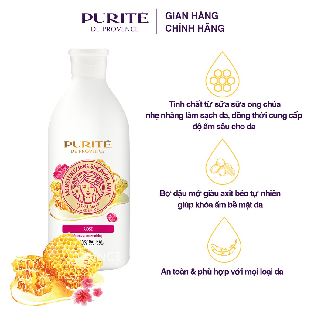 Sữa Tắm Purite Dưỡng Ẩm Sữa Ong chúa & Hoa Hồng 500ml | BigBuy360 - bigbuy360.vn