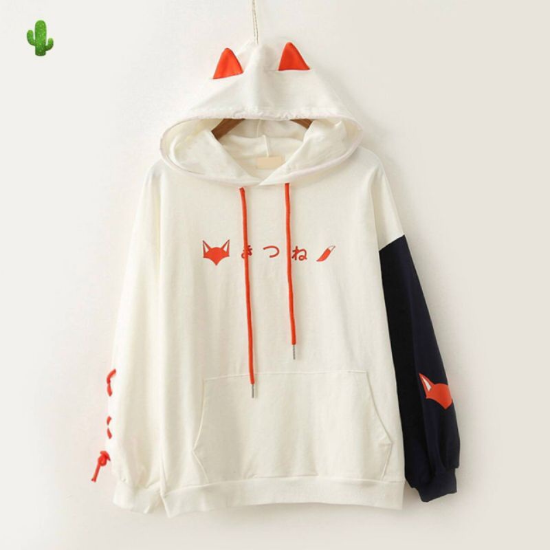Áo hoodie nữ hình cáo chất nỉ cao cấp, nón to có tai phối màu,áo chui đầu form rộng