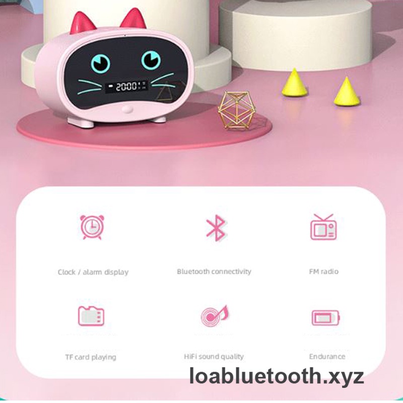 Loa bluetooth mini JM02 chính hãng giá rẻ đồng hồ báo thức hình tai mèo dễ thương, bass mạnh, pin 8 giờ