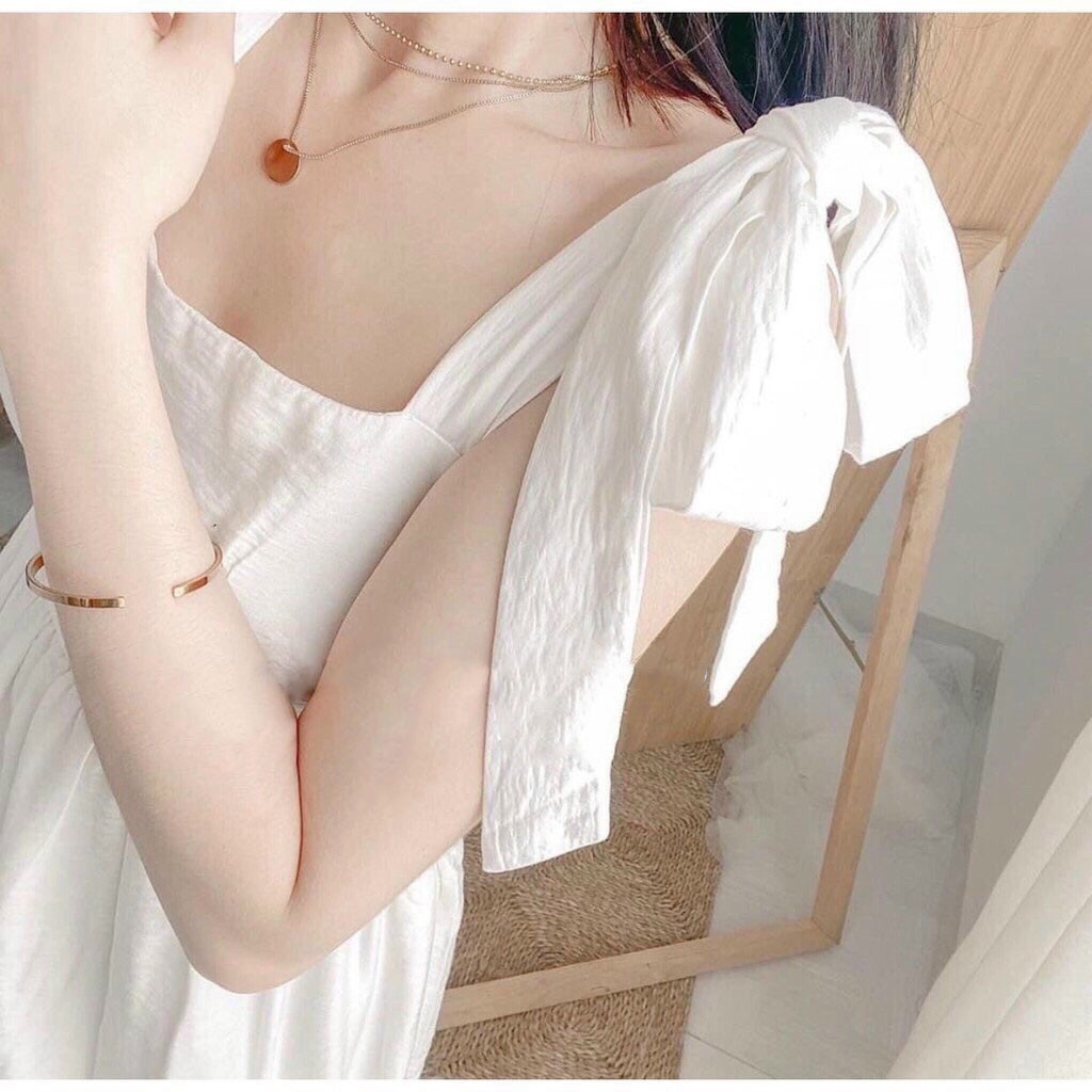 Váy đầm nữ dễ thương dáng dài hai dây màu trắng vãi đũi cao cấp | BigBuy360 - bigbuy360.vn