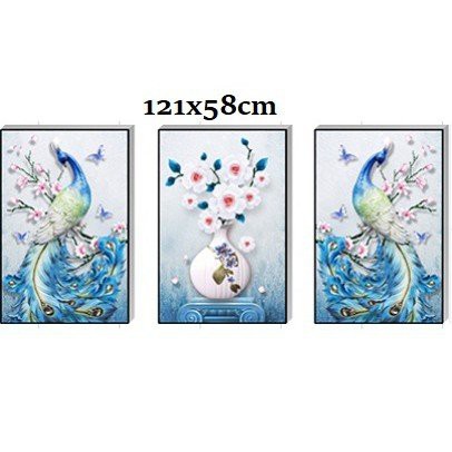 Tranh thêu chữ thập Khổng tước xanh và bình hoa ( bộ 3 bức ) DLH-88994 chưa thêu