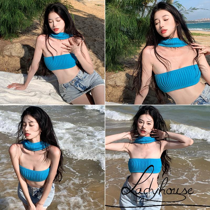 Áo Croptop Hai Dây Dệt Kim Màu Trơn Thời Trang Mùa Hè Cho Nữ