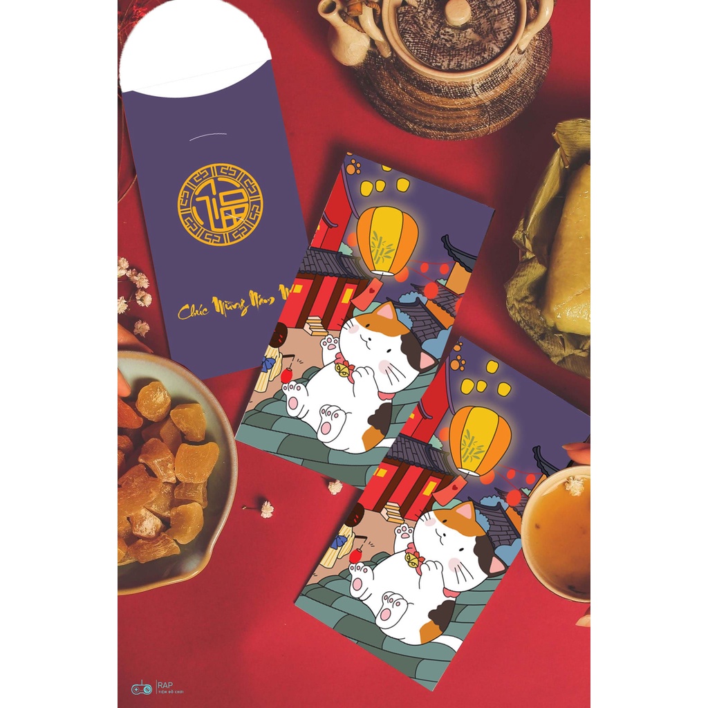 Combo 6 lì xì mèo Nhật Bản Dáng dài không phải gập tiên biểu cảm dễ thương may mắn tài lộc 2023 - Ráp