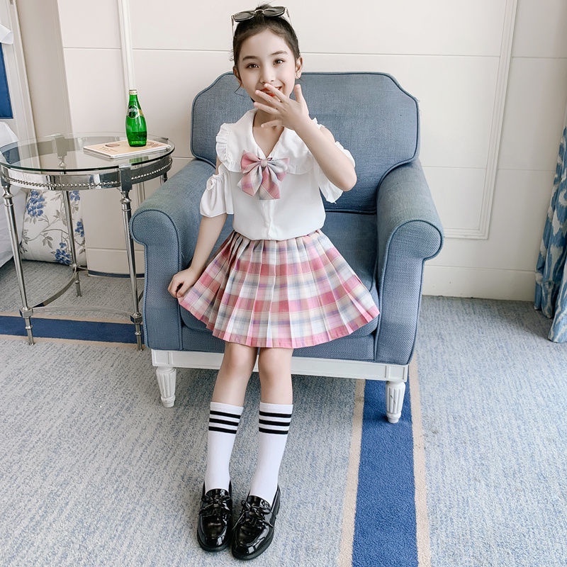 Bộ Đồng Phục Áo Sơ Mi Phối Chân Váy Xếp Ly Phong Cách Phương Tây Dễ Thương Thời Trang Mùa Hè Cho Bé Gái