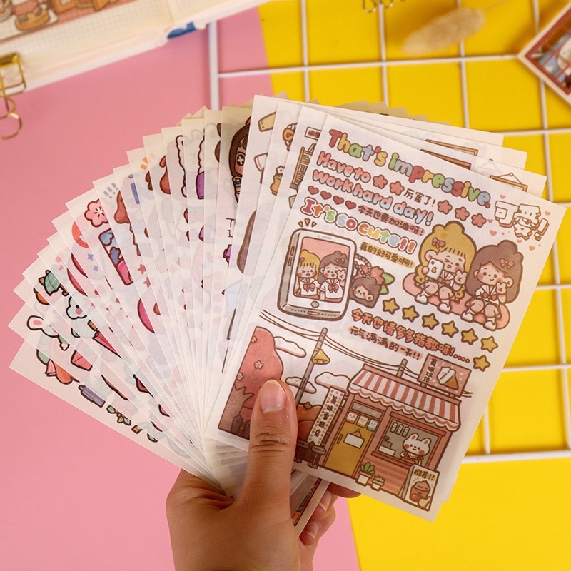 Set 4 Tấm Sticker Dạng Washi Tự Cắt Hình Cô Gái Và Gấu Dễ Thương Trang Trí Bullet Journal
