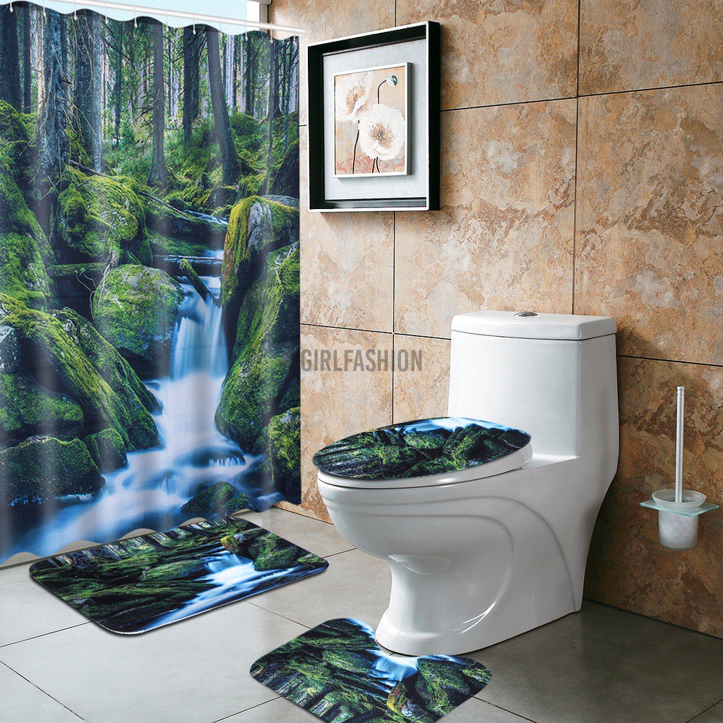 Waterproof Bathroom Shower Curtain Toilet Cover Mat Non-Slip Rug Set 4PCS