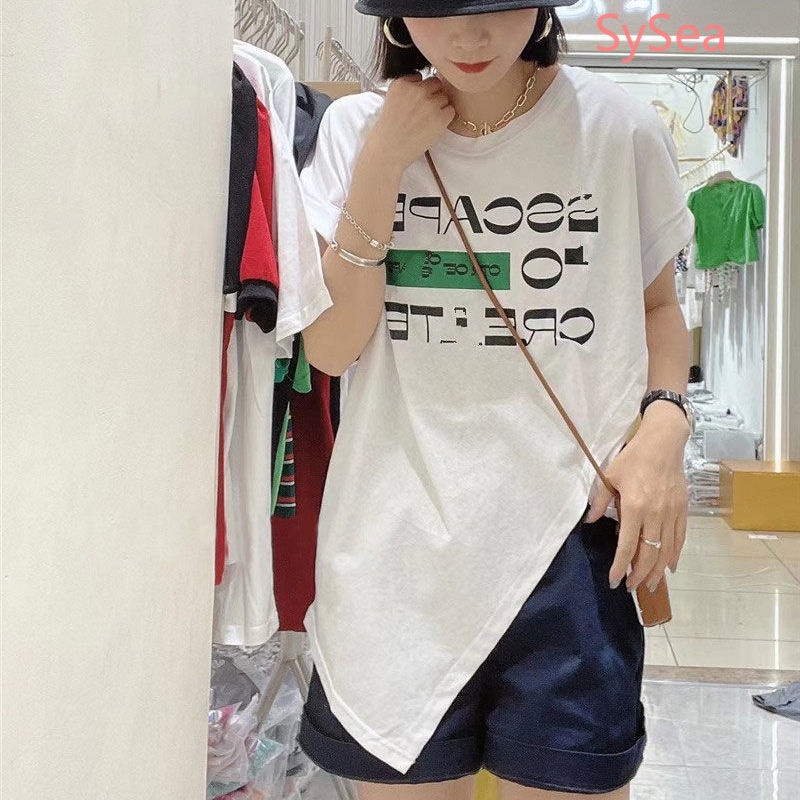 Áo Thun Tay Ngắn In Chữ Thiết Kế Bất Đối Xứng Phong Cách Hàn Quốc Trẻ Trung Cho Nữ