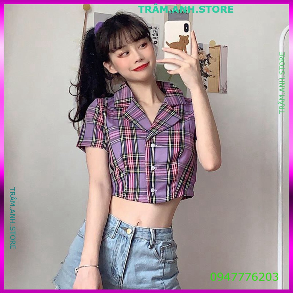 ÁO SƠ MI CROPTOP TAY NGẮN KẺ SỌC CARO THỜI TRANG CHO NỮ - CROPTOP CARO KẺ TÍM ĐEN ĐỎ HỒNG VÀNG XANH 👗 👑