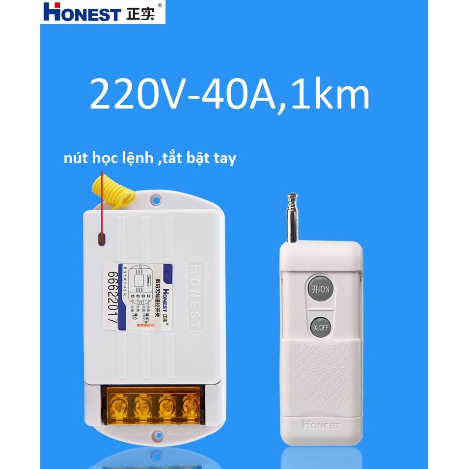 (CÓ HỌC LỆNH) Công tắc điều khiển từ xa công suất lớn Honest HT-6220KGD-1km 40A/220V dùng cho m, bình nóng lạnh..