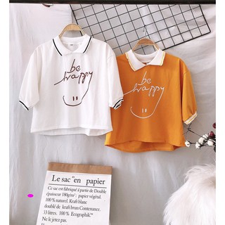 Áo Thun Tay Lỡ Phối Viền Form Croptop In Chữ BE HAPPY Siu Xinh TTS0763