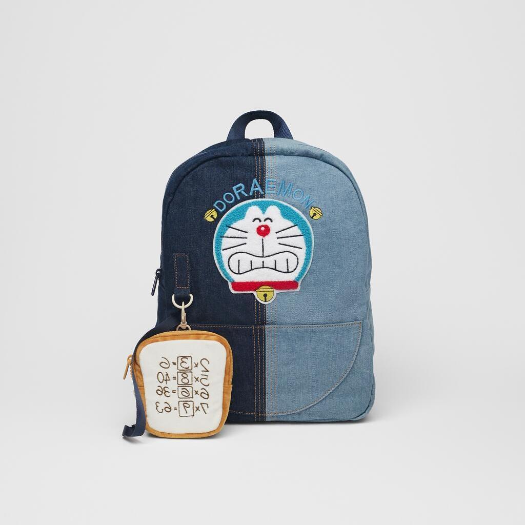 Balo mini đi học Zara vải denim phối màu họa tiết hoạt hình Doraemon cho trẻ em