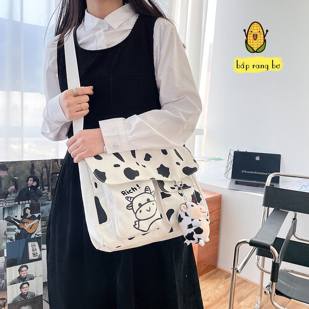 TÚI VẢI ĐEO CHÉO BÒ SỮA SIZE TO ĐỂ VỪA SÁCH A4 ĐI HỌC TOTE CANVAS KHÔNG KÈM MÓC KHÓA DC09