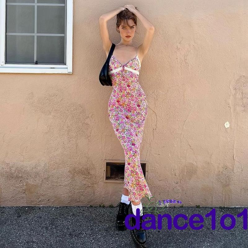 Đầm Dài Cổ Chữ V Khoét Sâu Họa Tiết Hoa Cho Nữ Khiêu Vũ1O1-Y2k