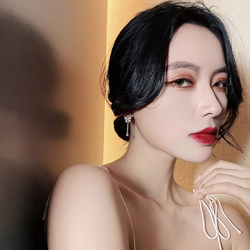 Khuyên tai kim loại đính đá dáng dài phong cách Hàn Quốc tinh tế cho phái nữ