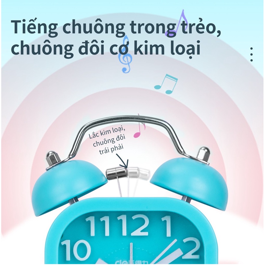 Đồng hồ báo thức kim loại Deli -Chuông đôi kêu to,quét không gây tiếng ồn, thời gian chính xác -9035,9024,8802- Diệp Lạc