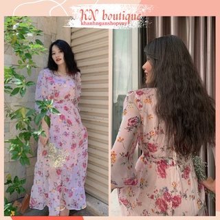Đầm hoa maxi đi biển tay dài dáng xòe váy nữ maxi đi biển đẹp đầm maxi hoa tay dài váy maxi dạo phố K N Boutique