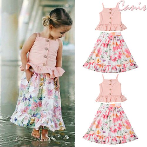Set áo sát nách phối bèo + Chân váy hoa phong cách công chúa cho bé gái