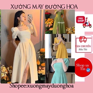 Váy gân cổ vuông dáng xoè xẻ tà siêu xinh