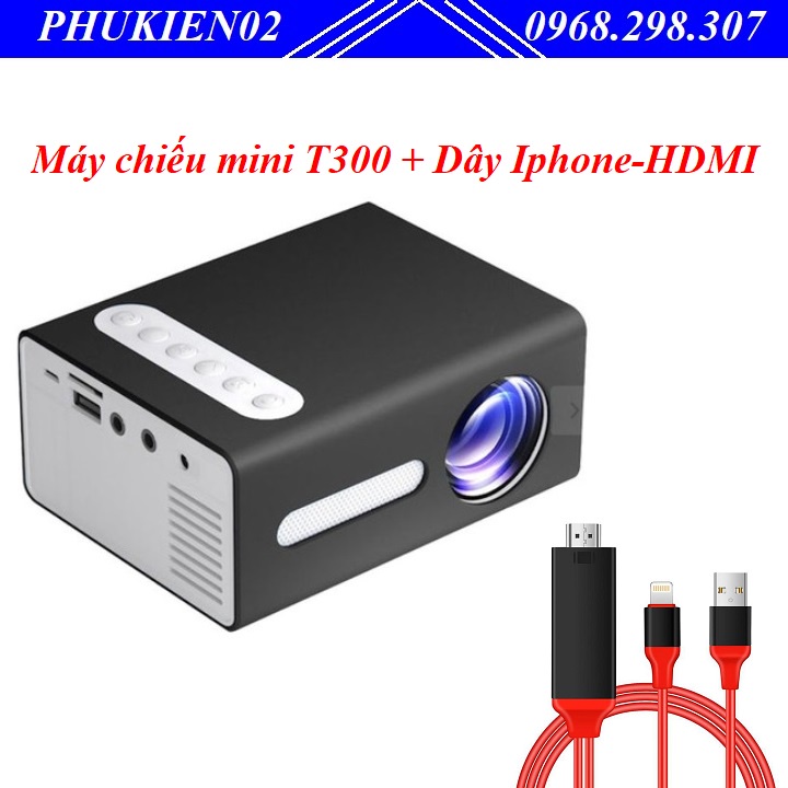 Combo Máy Chiếu Gia Dụng Cầm Tay Tại Nhà, Rạp Chiếu Phim Trẻ Em T300 và Cáp chuyển đổi tín hiệu Iphone - HDMI