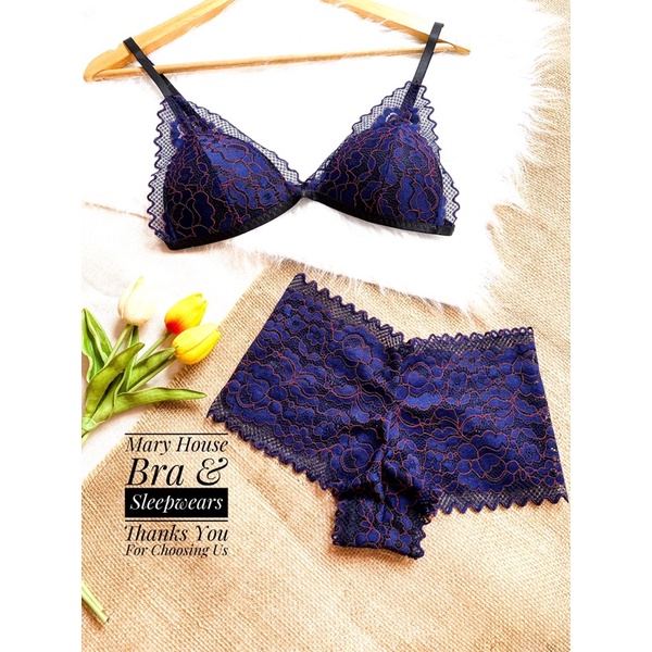 Set bralette ren mút ngực quần đùi xanh tím Mary House Bra & Sleepwears