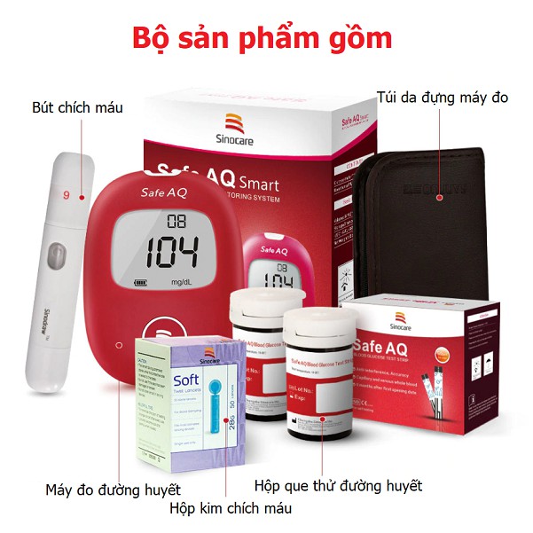 10 Hộp Que Máy đo đường huyết Sinocare Safe AQ tặng 50 que thử 50 kim lấy máu