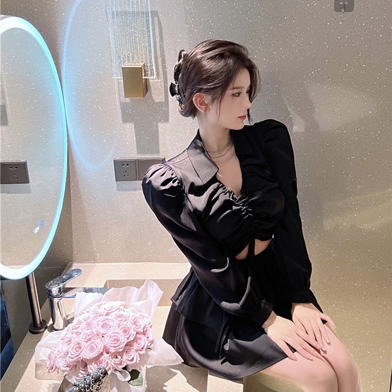 Áo Croptop Cổ v Phối Dây Rút Thời Trang Mùa Thu Quyến Rũ Cho Nữ