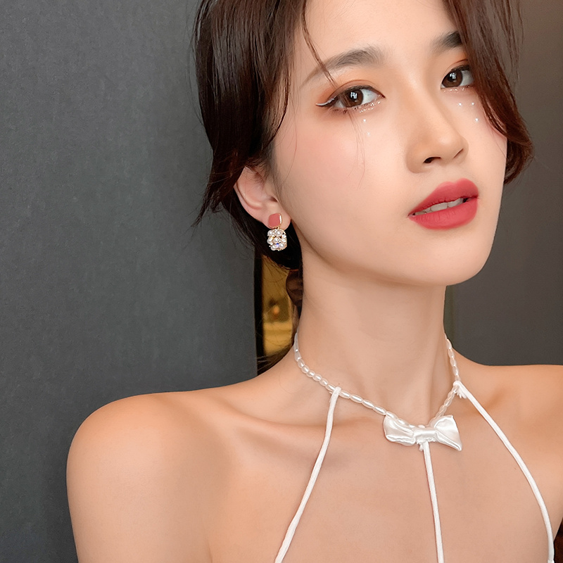Bông Tai Mạ Bạc 925 Hình Vuông Đính Ngọc Trai Đơn Giản Phong Cách Hàn Quốc