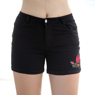 Quần short jean kaki trắng đen co giãn thêu bông