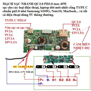 Mạch sạc nhanh QC3.0 PD3.0 max 45W cho laptop và điện thoại đầu vào pin 4s - mạch sạc dự phòng sạc nhanh qc3.0