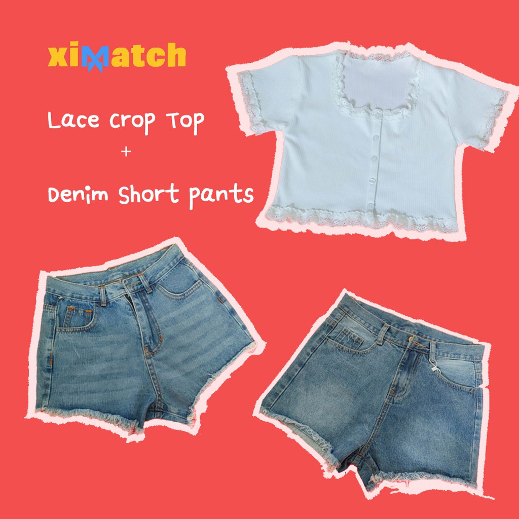 K-fashion Áo phông và quần short denim ngắn tay cắt ren (Phong cách thiếu nữ Hàn Quốc)