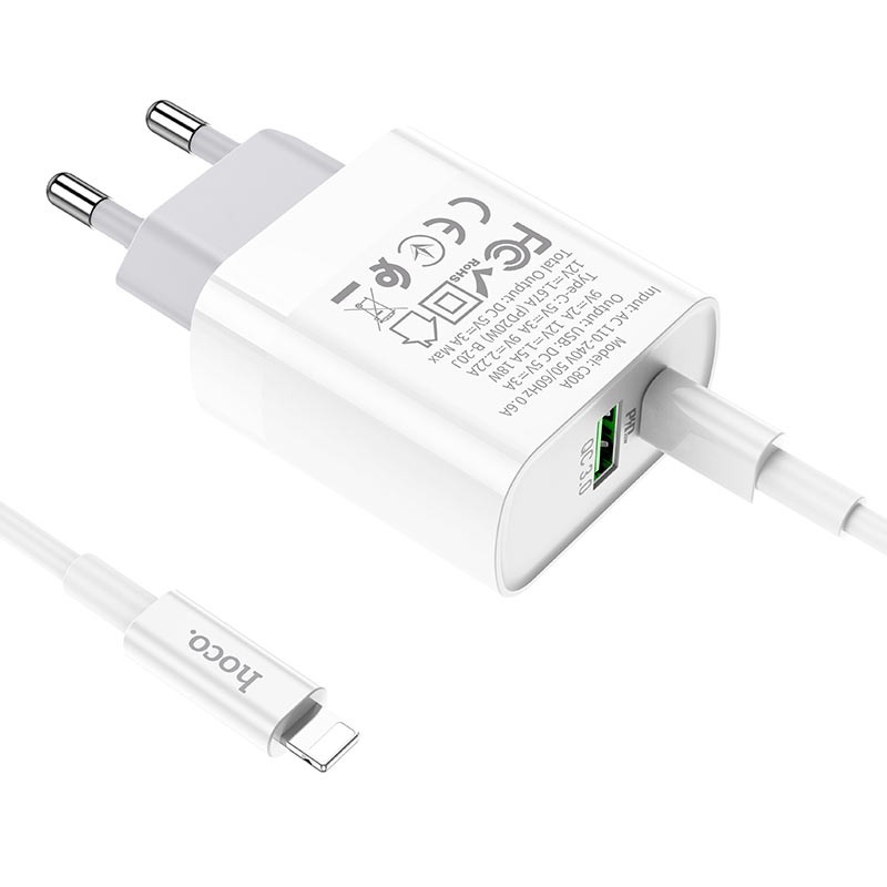 Bộ sạc nhanh PD20W Hoco C80/C80A 2 cổng ( USB + Type-C ) sạc nhanh 3A ( kèm cáp Type-C dành cho IP10/11/12/13/14) dài 1m