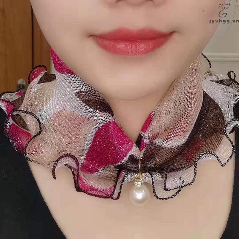 Khăn choàng cổ vải voan phối ren đính ngọc trai nhân tạo thời trang đa năng cho nữ
