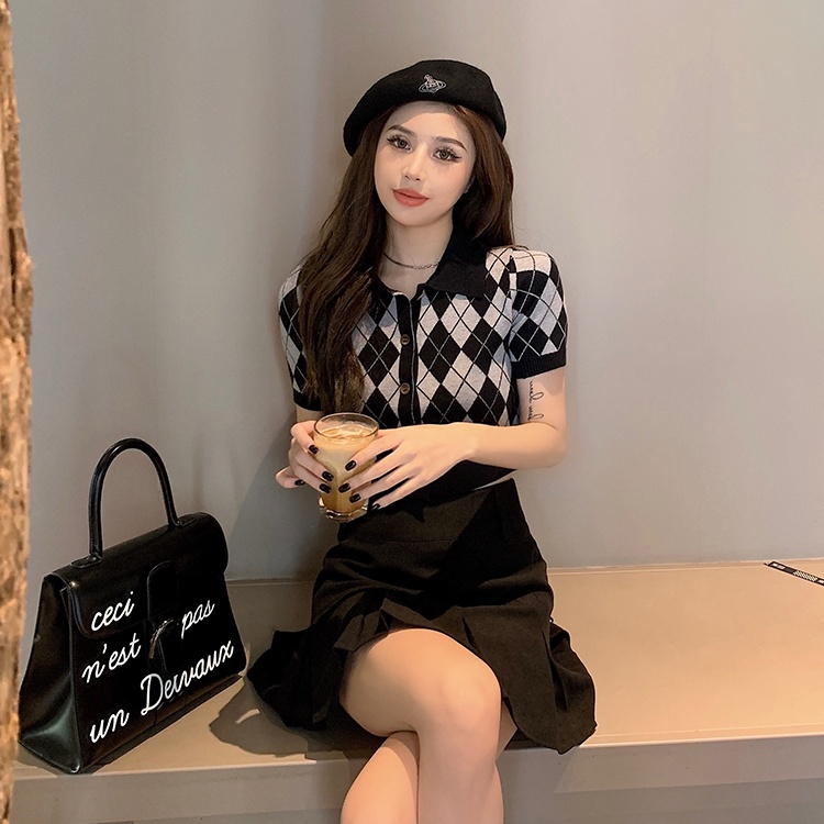 Happy-store ❤️ Áo Cardigan Croptop Dệt Kim Tay Ngắn Cổ Bẻ Kẻ Sọc Phong Cách Cho Phụ Nữ Hàn Quốc Happy Store