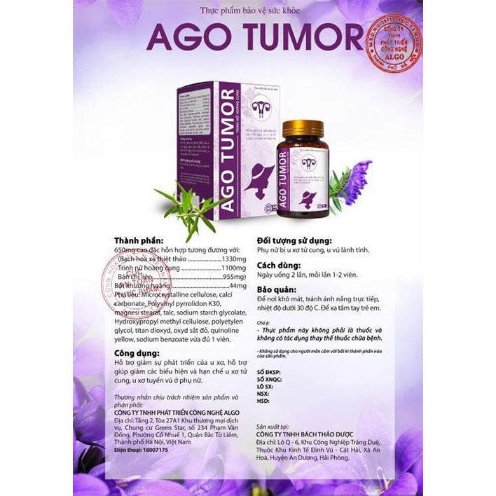 [MUA 4 TẶNG 2] Ago Tumor hỗ trợ điều trị u xơ tử cung u nang, đa nang buồng trứng, u tuyến vú lành tính