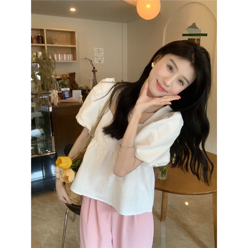 Áo Sơ Mi Tay Phồng Ngắn Cổ Vuông Màu Trơn Ngọt Ngào Thời Trang Cho Nữ