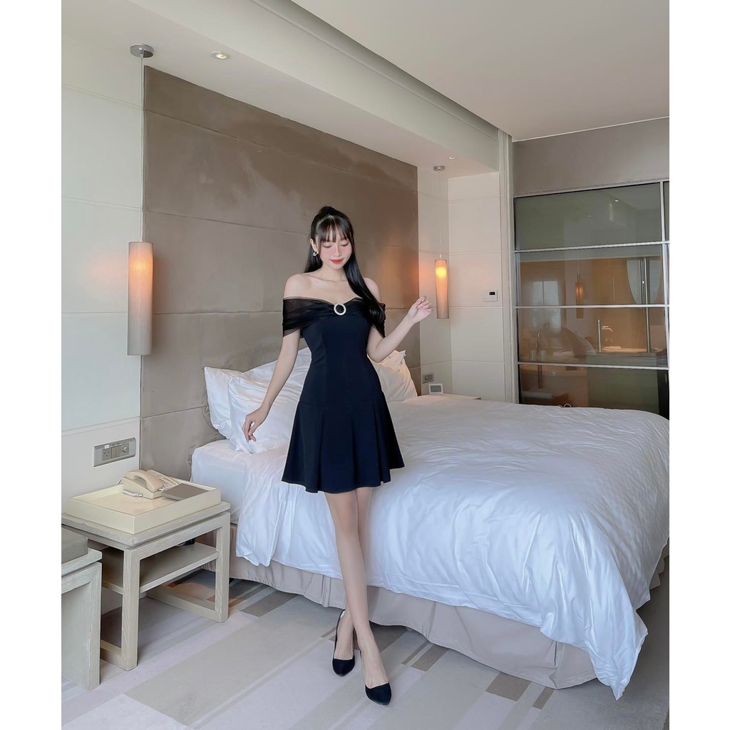 [HÀNG THIẾT KẾ CAO CẤP] Đầm Xòe Trễ Vai Phối Lưới Đi Tiệc Sang Trọng Màu Đen Form Ngắn