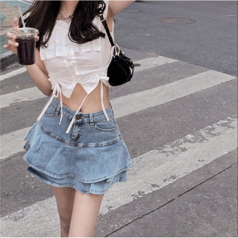 ULZZANG Chân váy jean xoè ulzzang xếp tầng hot trend 2021