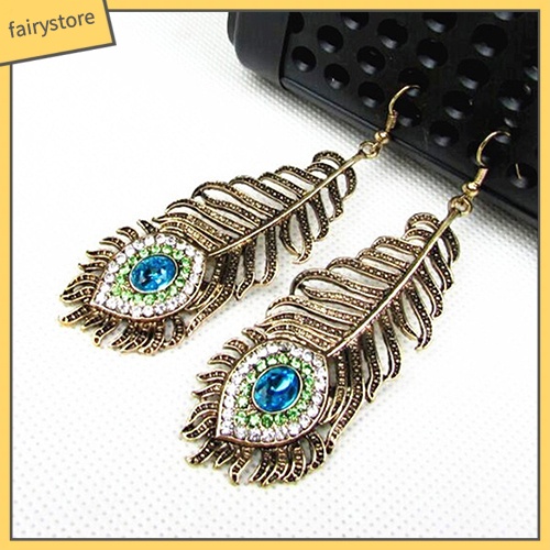 Bông tai hình lông chim công đính đá phong cách cổ điển