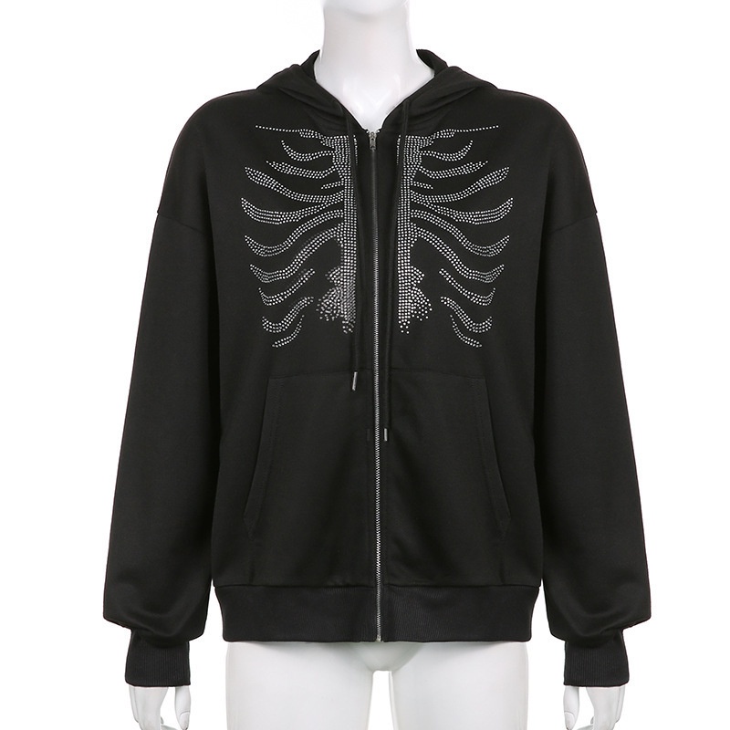 Áo khoác hoodie có khóa kéo đính đá họa tiết bộ xương 90s phong cách đường phố cho nữ