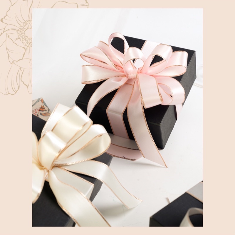 Ruy băng satin lụa mờ viền vàng hồng