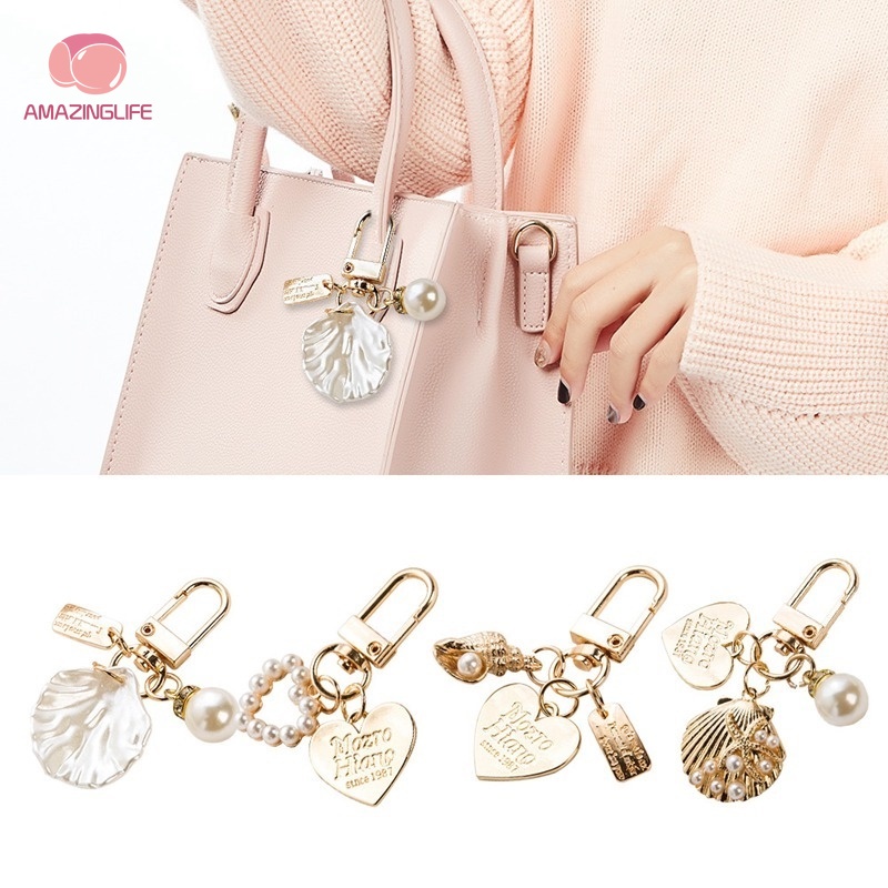 [Amazinglife] Móc Khóa Kim Loại Hình Vỏ Sò / Trái Tim Đính Ngọc Trai Sang Trọng Tinh Tế Thời Trang Cho Nữ