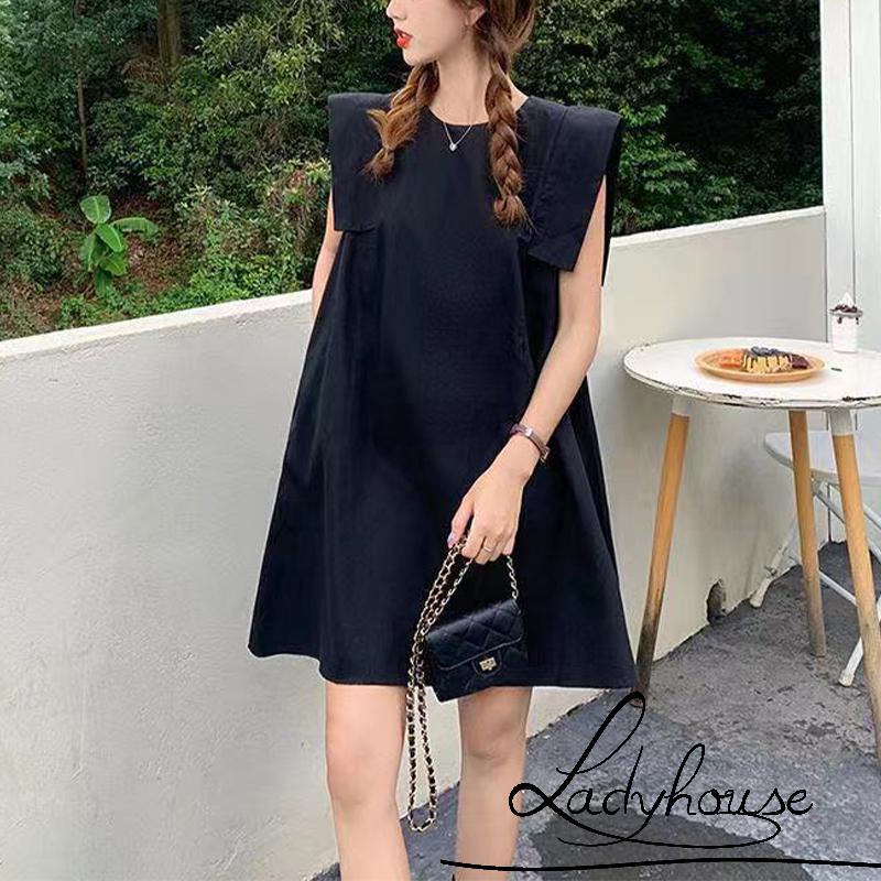 Đầm sát nách cổ tròn dáng rộng màu trơn thời trang xuân hè cho nữ